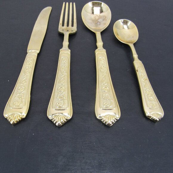International Silver Co China Gold Plate Flowers & Scrolls Flatware Set 4 Piece - Picture 3 of 10
